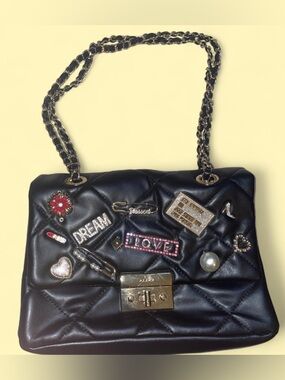 Aldo Black Quilted Shoulder Bag with Chain Strap and Pin Charms